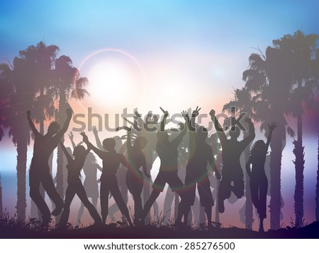 Silhouettes of people dancing on a summer palm tree background