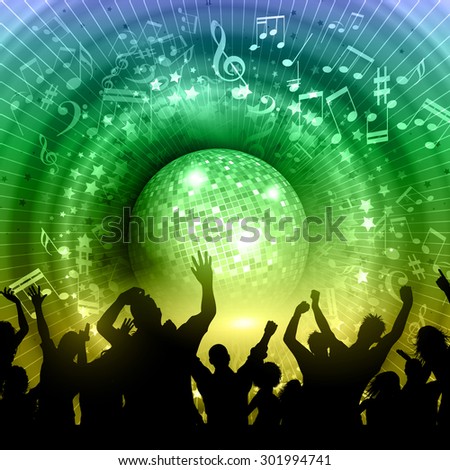 Silhouette of a party crowd on an abstract mirror ball background with music notes and rainbow colours