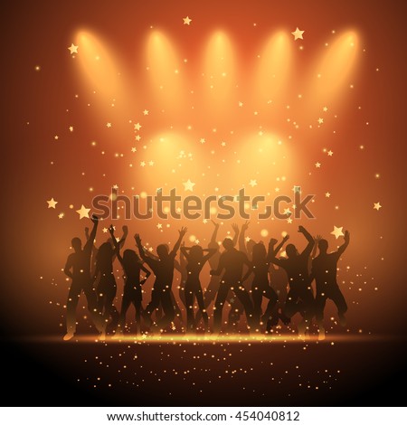 Silhouettes of party people dancing on a starry background
