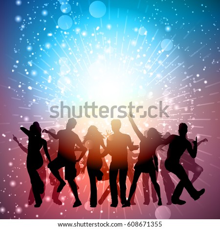 Silhouettes of people dancing on a starburst background