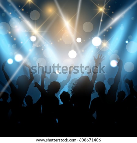 Silhouettes of party people on a spotlights background