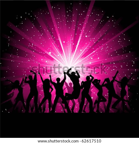Silhouettes of people dancing on a pink starburst background