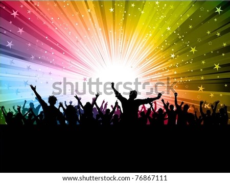 Silhouette of a party crowd on a starburst background