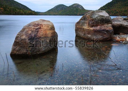 Large Rocks In Jordan Pond With The Twin Peaks Known As The Bubbles In The Background, Acadia National Park, Maine