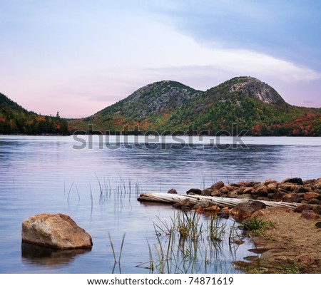 Jordan Pond With The Twin Peaks Known As The Bubbles In The Background, Acadia National Park, Maine, USA