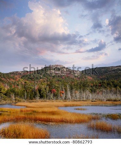 Seal Cove Pond And Surrounding Mountains Dressed In Autumn Colors And Late Afternoon Light, Mount Desert Island, Acadia National Park, Maine, USA