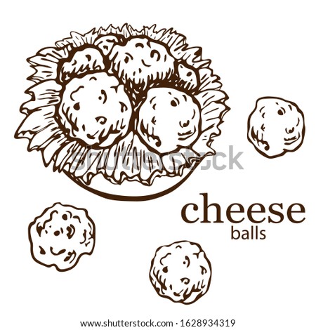 hand drawn Illustration of cheese balls with lettuce on plate isolated on white. bar or pub snack. sicilian fast food, beer appetizer. arancini, fried rice balls, Italian cuisine. breaded mozzarella