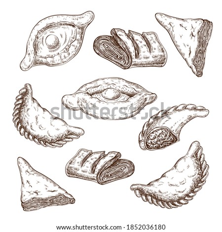 drawn puff pastries sketch set isolated. baking, pastries with cheese or meat stuffing. turnovers, khachapuri, burekas, empfans, egg boat pie, triangle buns. vintage style. traditional fried pastry