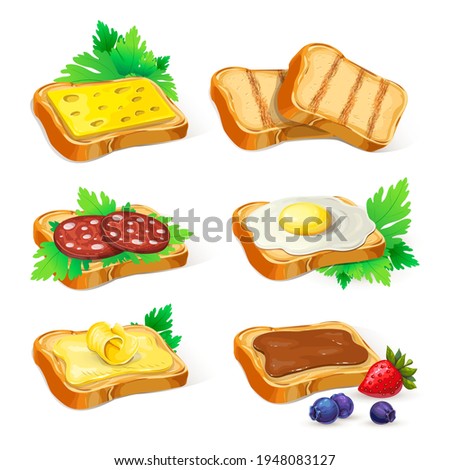 set of different toasts with various topping isolated on white. collection of wheat sandwiches vector illustration. toasted bread with butter, fried eggs, cheese, chocolade spread, sausage for design.