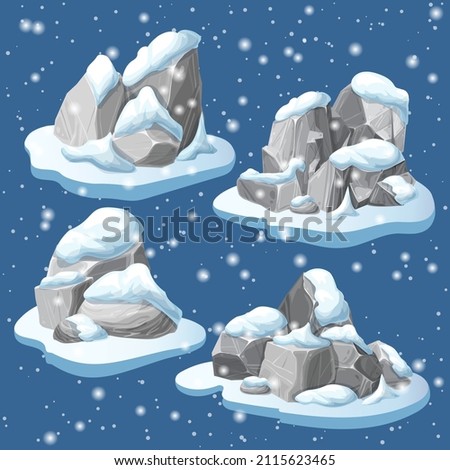 Gray stones or rocks in snow. pile of rubble and debris of the mountain with snow caps. heap of boulders in winter isolated. nature landscape element. vector cartoon crags and snowdrifts. Ice age.