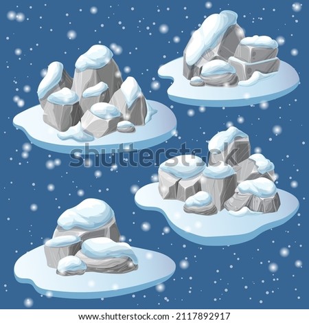 snowy rocks or mountains isolated. pile of rubble and debris of the mountain covered with snow. heap of boulders in winter. nature landscape element. vector cartoon crags and snowdrifts. Ice age.