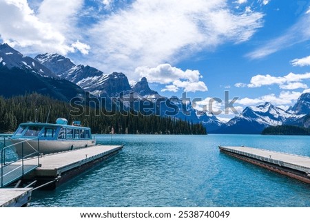 Similar – Image, Stock Photo Spirit Island in Maligne Lake, Jasper National Park, Alberta, Canada, in cloudy weather.