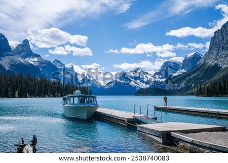 Similar – Image, Stock Photo Spirit Island in Maligne Lake, Jasper National Park, Alberta, Canada, in cloudy weather.