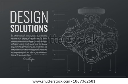 Mockup with realistic V8 engine with contour lines, vector illustration.