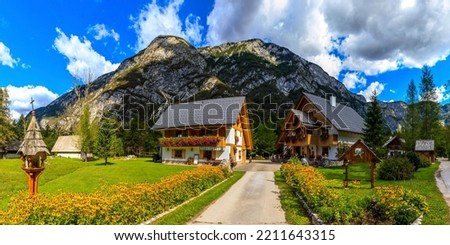 Image, Stock Photo Village in mountains with forest, aerial view. Mountain landscape