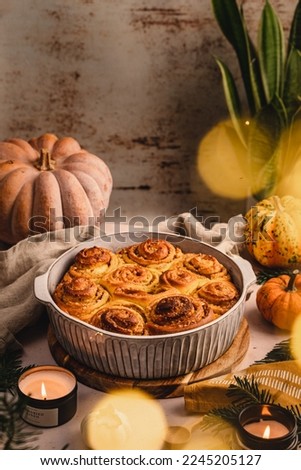 Similar – Image, Stock Photo Vegan cinnamon rolls raw dough, top view