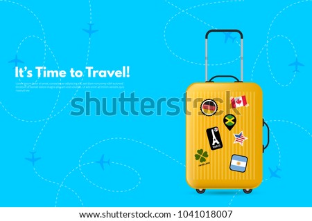 It’s Time to Travel.Travel bag, Suitcase with stickers. Travel to World. Vacation. Road trip. Tourism. Travel banner. Journey. Travelling illustration. Modern flat design. EPS 10. Colorful.