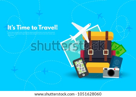 It’s Time to Travel.Trip to World. Travel to World. Vacation. Road trip. Tourism. Travel banner. Journey. Travelling illustration. Modern flat design. EPS 10. Colorful.