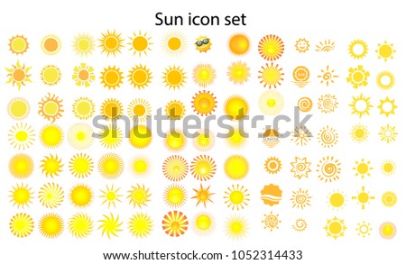 Sun icon set, Different icons for summer logo. Collection of graphic illustrations on an isolated background. various icons with rays. Vector illustration