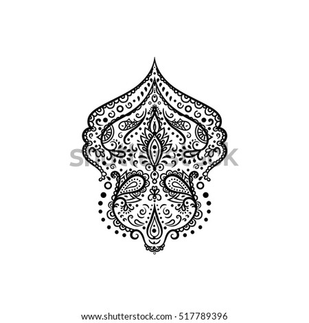 Vector ornamental Lotus, ethnic zentangled henna tattoo, patterned Indian paisley for adult anti stress coloring pages. Hand drawn illustration in doodle style.