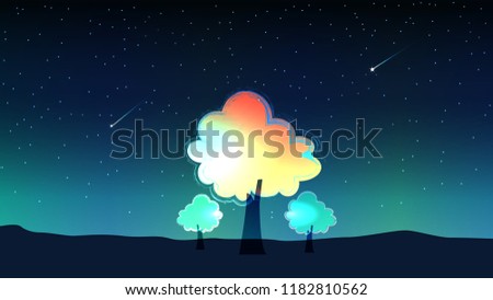sky at night and meteor with trees. Background vector.