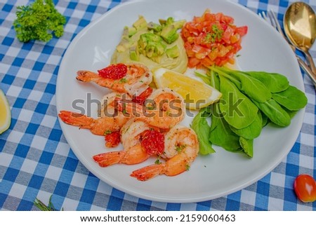 Image, Stock Photo Grilled spinach fajitas served with cottage cheese and sauce