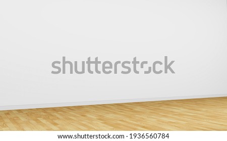 Empty interior, simple room. White wall with wooden parquet floor. Angle view. 3d rendering
