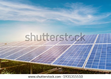 Solar panel against blue sky background. Photovoltaic, alternative electricity source. Idea for sustainable resources
