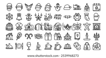 Christmas icons set.Outline vector collection for Xmas and Season's Greetings themes. Winter holiday symbols.Vector illustrations.