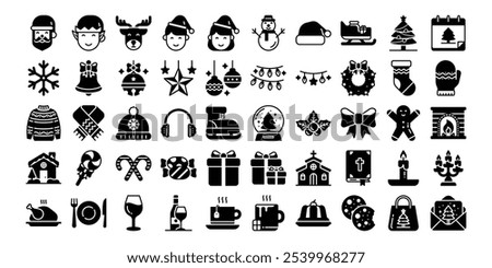 Christmas icons set.Flat solid vector collection for Xmas and Season's Greetings themes. Winter holiday symbols.Vector illustrations.