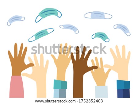 Quarantine coronavirus over concept. lockdown ending idea People celebrating that quarantine has ended victory over pandemic Hands and mask up Hands throwing up medical masks Vector stock illustration