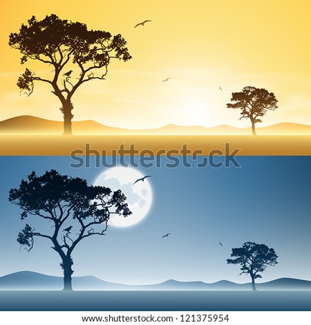 Two Landscapes Day and Night with Moon and Sunset, Sunrise