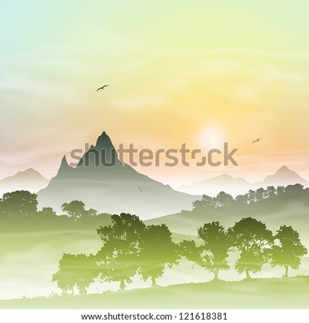 A Misty Forest Landscape with Mountains and Sunset, Sunrise