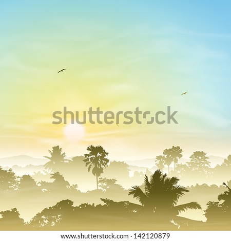 A Misty Landscape with Palm Trees and Sunset, Sunrise