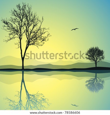A Vector Landscape with Two Trees and Reflection in Water