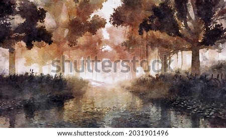 Wet watercolor woodland landscape with creepy tree silhouettes on overgrown shore of swampy forest river at dark misty dusk or night. Digital art painting from my own 3D rendering file.
