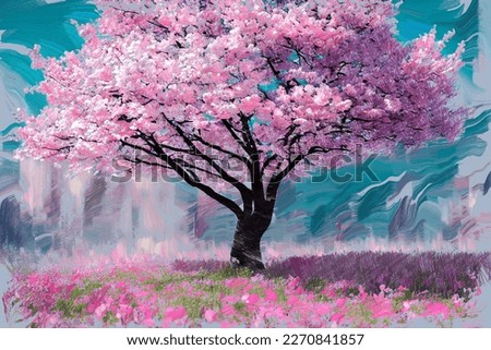 Picturesque bright spring landscape with single japanese pink sakura cherry tree in full blossom. My own digital art painting illustration for spring season.