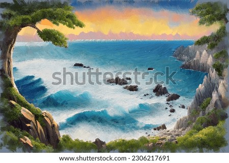 Expressive colorful oil painting sketch of romantic marine landscape with high angle view from steep cliff on scenic sea bay and rocky beach. My own digital art illustration of idyllic seascape.