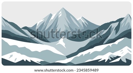 Flat graphic vector illustration of abstract snowy mountain landscape with snowcapped peak and sharp mount range. Simple decorative cartoon sketch concept for mountaineering or hiking tourism.