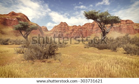 Red striped rocks and desert plants in a canyon during daytime. Realistic 3D illustration was done from my own 3D rendering file.
