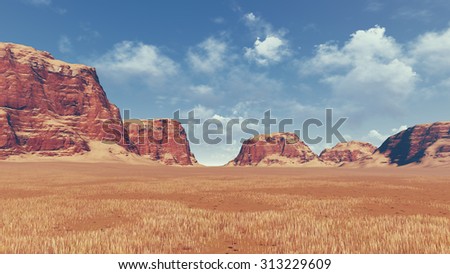 Red rock formations among barren lands during daytime. Realistic 3D illustration was done from my own 3D rendering file.