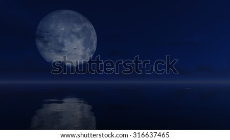 Cloudy night sky with a big full moon above mirror water surface. Realistic 3D illustration was done from my own 3D rendering file.