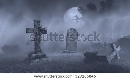 Abandoned spooky cemetery with decaing gravestones and silhouette of witch on broomstick against big full moon. Monochromatic 3D illustration was done from my own 3D rendering file. Сток-фото © 