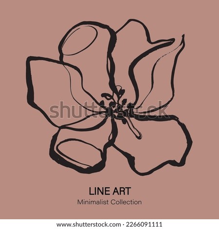 Botanical art. Brush painted flower. Vector black jasmine design. One line drawn jasmine illustration. Square format flower drawing. Flower on a brown background.