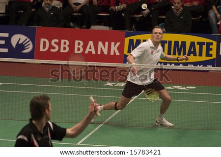 Top badminton player Kenneth Jonassen of Denmark at the European Team Badminton Championships, 2008, Almere