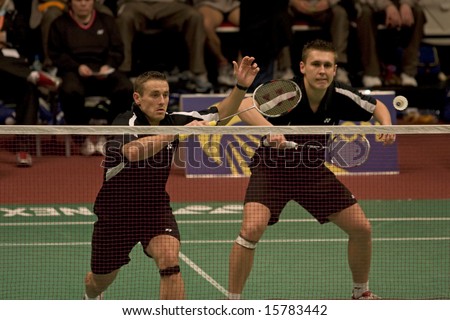 Top badminton players Przemislaw Wacha and Adam Cwalina of Poland at the European Team Badminton Championships, 2008, Almere