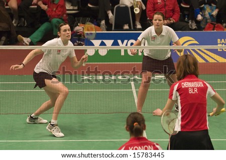 Top badminton players Kamilla Rytter Juhl and Christinna Pedersen of Denmark at the European Team Badminton Championships, 2008, Almere