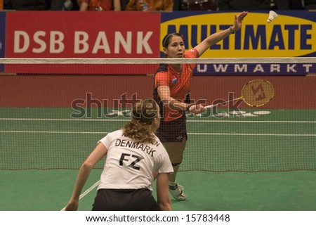 Top badminton player Judith Meulendijks of the Neterlands versus Tine Rasmussen of Denmark at the European Team Badminton Championships, 2008, Almere