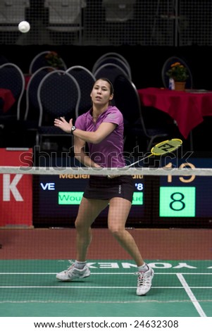 ALMERE, NETHERLANDS - JANUARY 31: Top badminton player Judith Meulendijks in her semi finals match at the Dutch Badminton Championships January 31, 2009 in Almere, Netherlands.