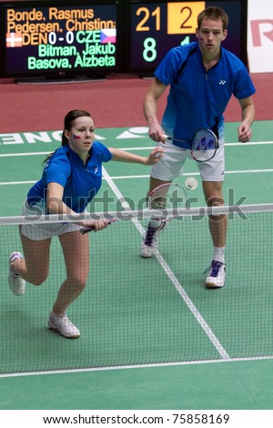 AMSTERDAM - FEBRUARY 17: Jakub Bitman and Alzbeta Basova are beat by the Danish in the preliminary rounds of the European Team Championships badminton in Amsterdam, The Netherlands on February 17, 2011.